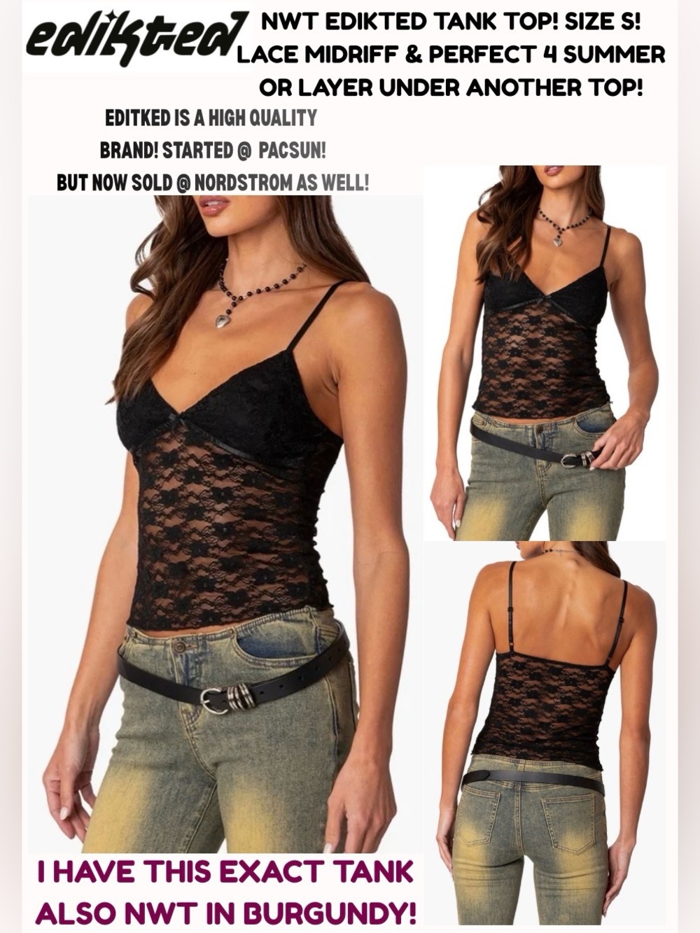 NWT EDITKED TANK TOP! SIZE S! LACE, HIGH QUALITY! SHEER MIDRIFF! SO CUTE! 5 ⭐️’S